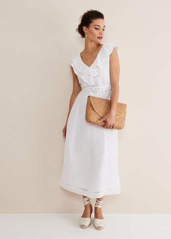 Phase Eight Julieta Linen Ruffle Broderie Dress White Canada | LZCMVU-378